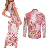 Polynesian Women's Day Wahine Couples Matching Short Sleeve Bodycon Dress and Long Sleeve Button Shirt Plumeria Marble Glaze - Pink LT7 - Polynesian Pride