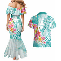 Polynesian Women's Day Wahine Couples Matching Mermaid Dress and Hawaiian Shirt Plumeria Marble Glaze - Teal LT7 - Polynesian Pride