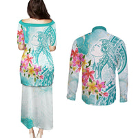 Polynesian Women's Day Wahine Couples Matching Puletasi and Long Sleeve Button Shirt Plumeria Marble Glaze - Teal LT7 - Polynesian Pride