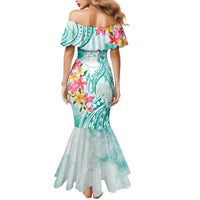 Polynesian Women's Day Wahine Family Matching Mermaid Dress and Hawaiian Shirt Plumeria Marble Glaze - Teal LT7 - Polynesian Pride