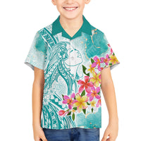 Polynesian Women's Day Wahine Family Matching Off Shoulder Short Dress and Hawaiian Shirt Plumeria Marble Glaze - Teal LT7 Son's Shirt Teal - Polynesian Pride