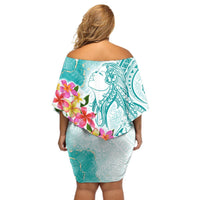 Polynesian Women's Day Wahine Off Shoulder Short Dress Plumeria Marble Glaze - Teal LT7 - Polynesian Pride