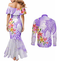Polynesian Women's Day Wahine Couples Matching Mermaid Dress and Long Sleeve Button Shirt Plumeria Marble Glaze - Purple LT7 - Polynesian Pride