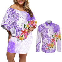 Polynesian Women's Day Wahine Couples Matching Off Shoulder Short Dress and Long Sleeve Button Shirt Plumeria Marble Glaze - Purple LT7 Purple - Polynesian Pride