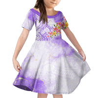 Polynesian Women's Day Wahine Kid Short Sleeve Dress Plumeria Marble Glaze - Purple LT7 KID Purple - Polynesian Pride