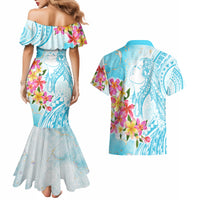 Polynesian Women's Day Wahine Couples Matching Mermaid Dress and Hawaiian Shirt Plumeria Marble Glaze - Turquoise LT7 - Polynesian Pride