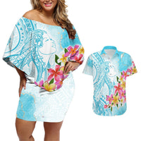 Polynesian Women's Day Wahine Couples Matching Off Shoulder Short Dress and Hawaiian Shirt Plumeria Marble Glaze - Turquoise LT7 Turquoise - Polynesian Pride
