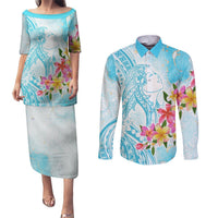 Polynesian Women's Day Wahine Couples Matching Puletasi and Long Sleeve Button Shirt Plumeria Marble Glaze - Turquoise LT7 Turquoise - Polynesian Pride