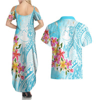 Polynesian Women's Day Wahine Couples Matching Summer Maxi Dress and Hawaiian Shirt Plumeria Marble Glaze - Turquoise LT7 - Polynesian Pride