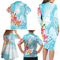 Polynesian Women's Day Wahine Family Matching Long Sleeve Bodycon Dress and Hawaiian Shirt Plumeria Marble Glaze - Turquoise LT7 - Polynesian Pride