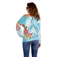 Polynesian Women's Day Wahine Off Shoulder Sweater Plumeria Marble Glaze - Turquoise LT7 - Polynesian Pride