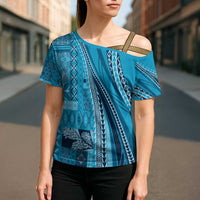 Pasifika Women's Day - Samoa Siapo Malu Tattoo Inspired Cross Shoulder Shirt Turquoise LT7 - Polynesian Pride