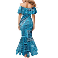 Pasifika Women's Day - Samoa Siapo Malu Tattoo Inspired Family Matching Mermaid Dress and Hawaiian Shirt Turquoise