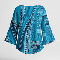 Pasifika Women's Day - Samoa Siapo Malu Tattoo Inspired Kimono Sleeve Blouse Turquoise LT7 - Polynesian Pride