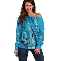 Pasifika Women's Day - Samoa Siapo Malu Tattoo Inspired Off Shoulder Sweater Turquoise LT7 Women Turquoise - Polynesian Pride