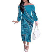 Pasifika Women's Day - Samoa Siapo Malu Tattoo Inspired Off The Shoulder Long Sleeve Dress Turquoise LT7 Women Turquoise - Polynesian Pride