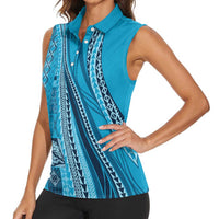 Pasifika Women's Day - Samoa Siapo Malu Tattoo Inspired Women Sleeveless Polo Shirt Turquoise LT7 - Polynesian Pride