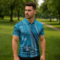 Pasifika Women's Day - Samoa Siapo Malu Tattoo Inspired Zipper Polo Shirt Turquoise LT7 - Polynesian Pride