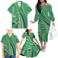 Pasifika Women's Day - Samoa Siapo Malu Tattoo Inspired Family Matching Off The Shoulder Long Sleeve Dress and Hawaiian Shirt Jade