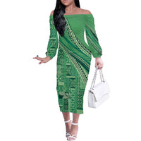 Pasifika Women's Day - Samoa Siapo Malu Tattoo Inspired Family Matching Off The Shoulder Long Sleeve Dress and Hawaiian Shirt Jade