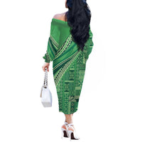 Pasifika Women's Day - Samoa Siapo Malu Tattoo Inspired Off The Shoulder Long Sleeve Dress Jade LT7 - Polynesian Pride
