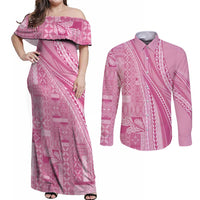 Pasifika Women's Day - Samoa Siapo Malu Tattoo Inspired Couples Matching Off Shoulder Maxi Dress and Long Sleeve Button Shirt Pink LT7 Pink - Polynesian Pride
