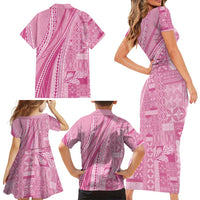Pasifika Women's Day - Samoa Siapo Malu Tattoo Inspired Family Matching Short Sleeve Bodycon Dress and Hawaiian Shirt Pink