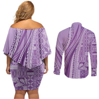 Pasifika Women's Day - Samoa Siapo Malu Tattoo Inspired Couples Matching Off Shoulder Short Dress and Long Sleeve Button Shirt Lavender LT7 - Polynesian Pride