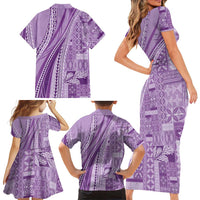 Pasifika Women's Day - Samoa Siapo Malu Tattoo Inspired Family Matching Short Sleeve Bodycon Dress and Hawaiian Shirt Lavender