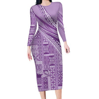 Pasifika Women's Day - Samoa Siapo Malu Tattoo Inspired Long Sleeve Bodycon Dress Lavender LT7 Long Dress Lavender - Polynesian Pride