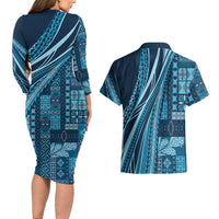 Pasifika Women's Day - Samoa Siapo Malu Tattoo Inspired Couples Matching Long Sleeve Bodycon Dress and Hawaiian Shirt Navy Blue