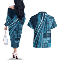 Pasifika Women's Day - Samoa Siapo Malu Tattoo Inspired Couples Matching Off The Shoulder Long Sleeve Dress and Hawaiian Shirt Navy Blue