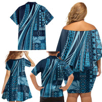 Pasifika Women's Day - Samoa Siapo Malu Tattoo Inspired Family Matching Off Shoulder Short Dress and Hawaiian Shirt Navy Blue