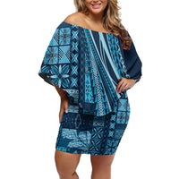 Pasifika Women's Day - Samoa Siapo Malu Tattoo Inspired Off Shoulder Short Dress Navy Blue LT7 Women Navy Blue - Polynesian Pride