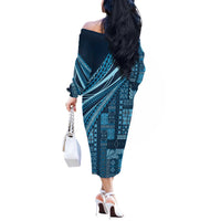 Pasifika Women's Day - Samoa Siapo Malu Tattoo Inspired Off The Shoulder Long Sleeve Dress Navy Blue LT7 - Polynesian Pride