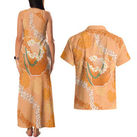 Hawaii Lanai Island Flowers Lei Couples Matching Tank Maxi Dress and Hawaiian Shirt Orange Kaunaoa Mix Maile