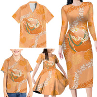 Hawaii Lanai Island Flowers Lei Family Matching Long Sleeve Bodycon Dress and Hawaiian Shirt Orange Kaunaoa Mix Maile
