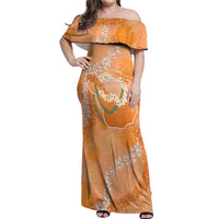 Hawaii Lanai Island Flowers Lei Off Shoulder Maxi Dress Orange Kaunaoa Mix Maile LT7 Women Orange - Polynesian Pride