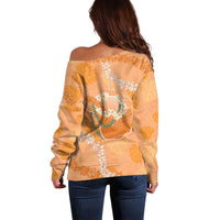 Hawaii Lanai Island Flowers Lei Off Shoulder Sweater Orange Kaunaoa Mix Maile LT7 - Polynesian Pride