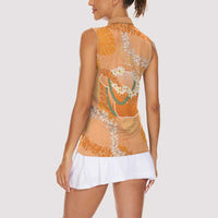 Hawaii Lanai Island Flowers Lei Women Sleeveless Polo Shirt Orange Kaunaoa Mix Maile