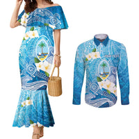 Hafa Adai Guam Chamorro Personalized Couples Matching Mermaid Dress and Long Sleeve Button Shirt Ocean Blue Latte Stone with Guasali - Polynesian Pride