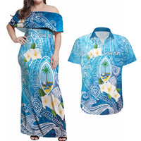 Hafa Adai Guam Chamorro Personalized Couples Matching Off Shoulder Maxi Dress and Hawaiian Shirt Ocean Blue Latte Stone with Guasali - Polynesian Pride
