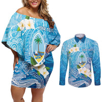Hafa Adai Guam Chamorro Personalized Couples Matching Off Shoulder Short Dress and Long Sleeve Button Shirt Ocean Blue Latte Stone with Guasali - Polynesian Pride
