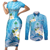 Hafa Adai Guam Chamorro Personalized Couples Matching Short Sleeve Bodycon Dress and Long Sleeve Button Shirt Ocean Blue Latte Stone with Guasali - Polynesian Pride