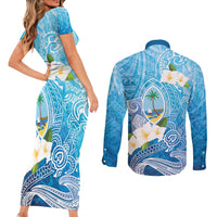 Hafa Adai Guam Chamorro Personalized Couples Matching Short Sleeve Bodycon Dress and Long Sleeve Button Shirt Ocean Blue Latte Stone with Guasali - Polynesian Pride