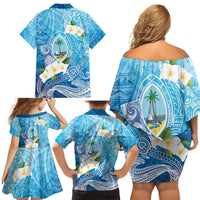 Hafa Adai Guam Chamorro Personalized Family Matching Off Shoulder Short Dress and Hawaiian Shirt Ocean Blue Latte Stone with Guasali - Polynesian Pride