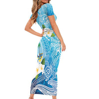 Hafa Adai Guam Chamorro Personalized Short Sleeve Bodycon Dress Ocean Blue Latte Stone with Guasali - Polynesian Pride