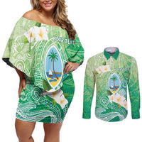 Hafa Adai Guam Chamorro Personalized Couples Matching Off Shoulder Short Dress and Long Sleeve Button Shirt Summer Green Latte Stone with Guasali - Polynesian Pride