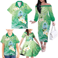 Hafa Adai Guam Chamorro Personalized Family Matching Off The Shoulder Long Sleeve Dress and Hawaiian Shirt Summer Green Latte Stone with Guasali - Polynesian Pride