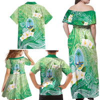 Hafa Adai Guam Chamorro Personalized Family Matching Off Shoulder Maxi Dress and Hawaiian Shirt Summer Green Latte Stone with Guasali - Polynesian Pride